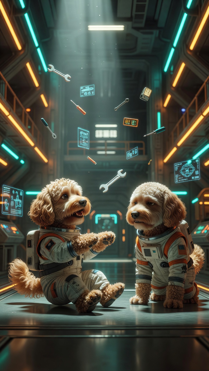 Cinematic labradoodle astronauts during a trust fall in a starship hangar